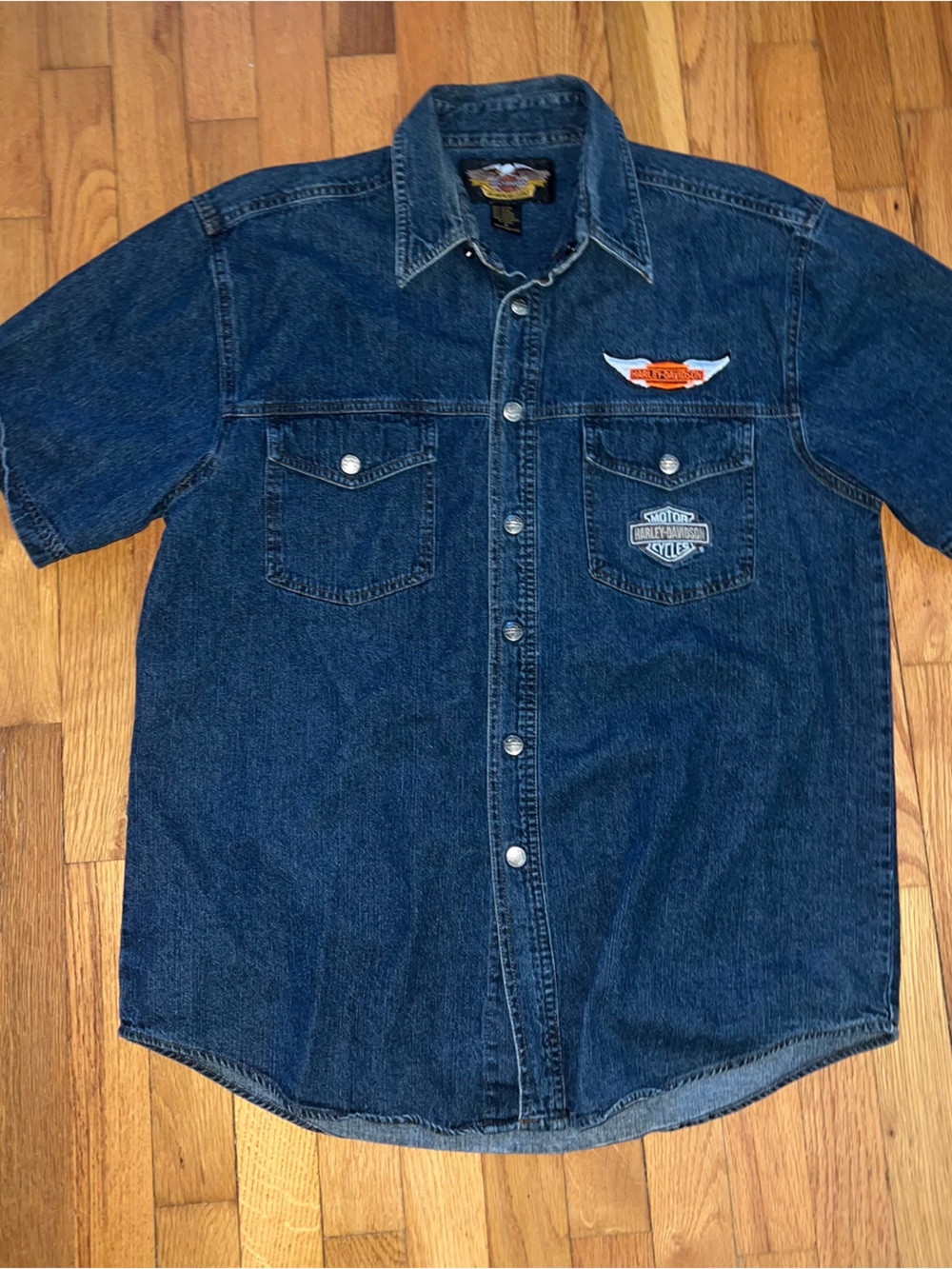 Harley-Davidson Indigo Denim Short-Sleeve Work Shirt with Patches